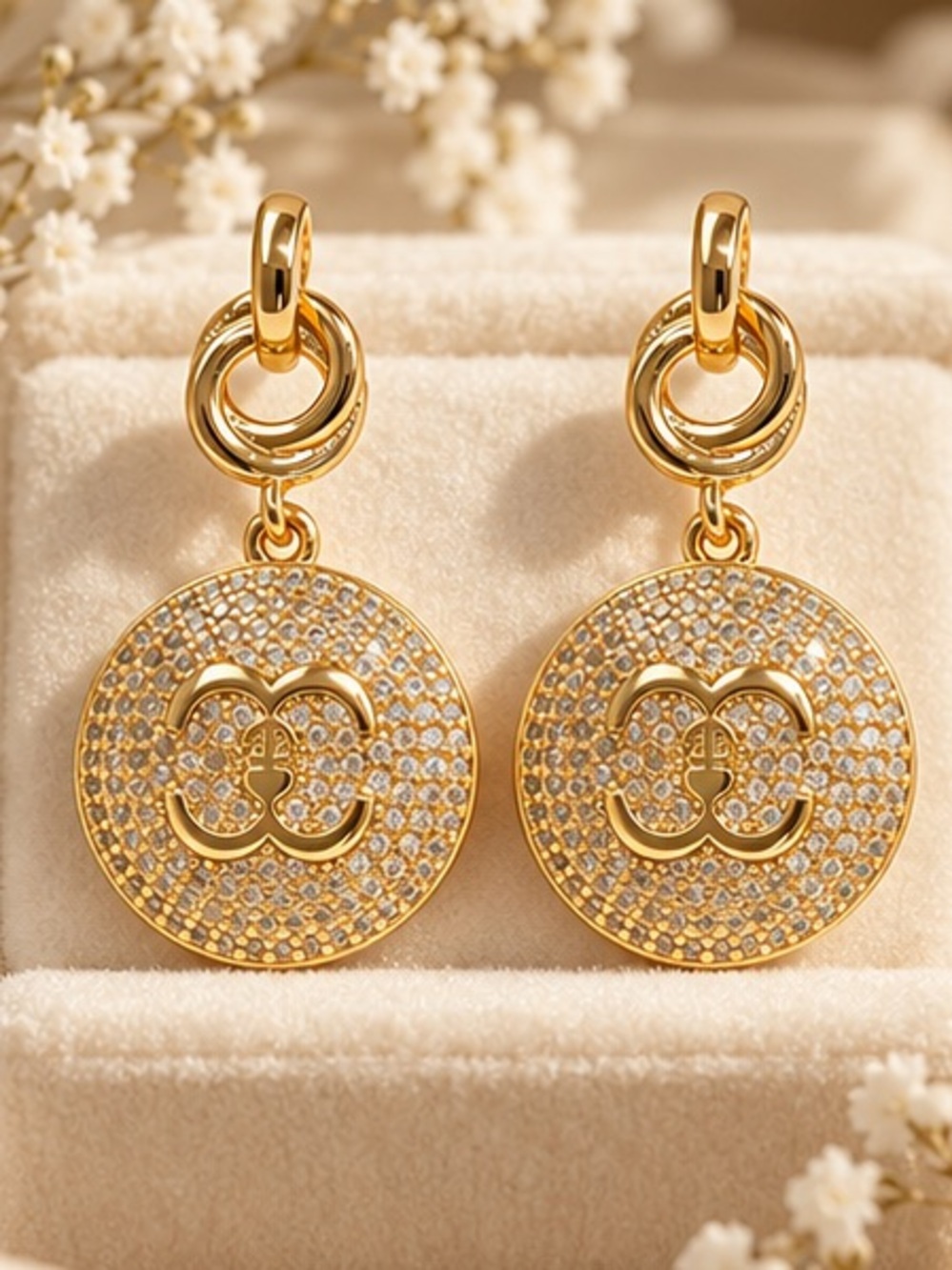 Gold Pavé Round Medallion Drop Earrings • Designer Inspired